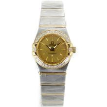 Omega Constellation Two Tone Diamond Bezel Srick Markers with Golden Dial Same Chassis as ETA Version-Lady Size