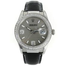Rolex Datejust Swiss ETA 2836 Movement Diamond Bezel with Gray Watermark Dial Leather Strap