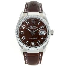 Rolex Datejust Swiss ETA 2836 Movement Number Markers with Brown Dial Leather Strap