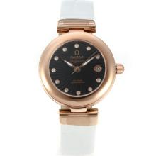 Omega Ladymatic Rose Gold Case Diamond Markers with Black Dial White Leather Strap