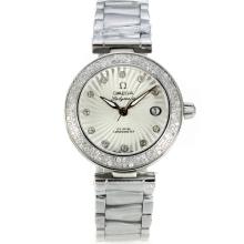 Omega Ladymatic Diamond Bezel with White Dial S/S-Sapphire Glass