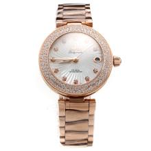 Omega Ladymatic Full Rose Gold Diamond Bezel with White Dial Sapphire Glass