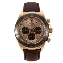 Rolex Daytona Working Chronograph Rose Gold Case Ceramic Bezel with Golden Dial Stick Markers-Leather Strap