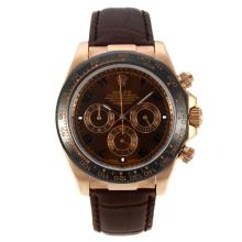 Rolex Daytona Working Chronograph Rose Gold Case Ceramic Bezel with Brown Dial Number Markers-Leather Strap