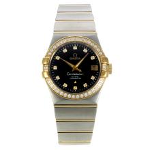 Omega Constellation Automatic Two Tone Diamond Bezel/Markers with Black Dial 18K Plated Gold Movement