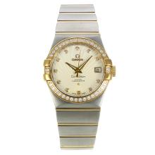 Omega Constellation Automatic Two Tone Diamond Bezel/Markers with White Dial 18K Plated Gold Movement