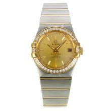 Omega Constellation Automatic Two Tone Diamond Bezel with Golden Dial 18K Plated Gold Movement