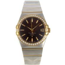 Omega Constellation Swiss ETA 2836 Movement Two Tone Diamond Bezel Stick Markers with Brown Dial Sapphire Glass