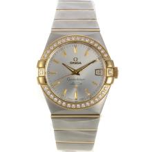 Omega Constellation Swiss ETA 2836 Movement Two Tone Diamond Bezel Stick Markers with Silver Dial Sapphire Glass-1