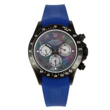 Rolex Daytona Chronograph Asia Valjoux 7750 Movement PVD Case Roman Markers with MOP Dial Blue Rubber Strap
