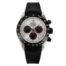 Rolex Daytona Chronograph Asia Valjoux 7750 Movement PVD Bezel with Silver Dial Rubber Strap