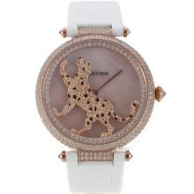 Cartier Panthere de Cartier Rose Gold Case Full Diamond Bezel with Pink MOP Dial Leather Strap