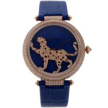 Cartier Panthere de Cartier Rose Gold Case Full Diamond Bezel with Blue MOP Dial Leather Strap