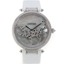 Cartier Panthere de Cartier Full Diamond Case with Grey MOP Dial White Leather Strap