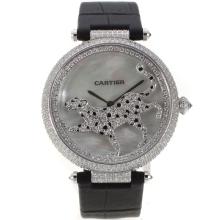 Cartier Panthere de Cartier Full Diamond Case with MOP Dial Black Leather Strap