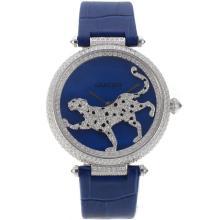Cartier Panthere de Cartier Full Diamond Case with Blue Dial Leather Strap