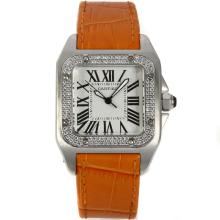 Cartier Santos 100 Diamond Bezel with White Dial Orange Leather Strap