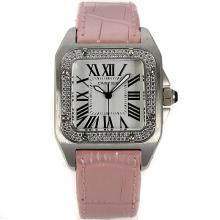 Cartier Santos 100 Diamond Bezel with White Dial Pink Leather Strap