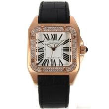 Cartier Santos 100 Rose Gold Case Diamond Bezel with White Dial Leather Strap