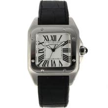 Cartier Santos 100 with White Dial Black Leather Strap