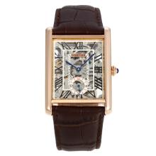 Cartier Tank Manual Winding Rose Gold Case with Skeleton Dial Leather Strap