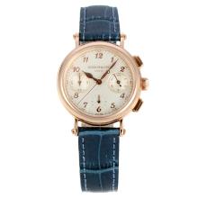 Patek Philippe Classic Working Chronograph Diamond Bezel Rose Gold Case with White Dial Blue Leather Strap