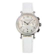 Patek Philippe Classic Working Chronograph Diamond Bezel with White Dial White Leather Strap