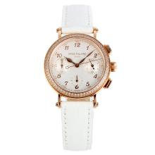 Patek Philippe Classic Working Chronograph Diamond Bezel Rose Gold Case with White Dial White Leather Strap