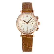 Patek Philippe Classic Working Chronograph Diamond Bezel Rose Gold Case with White Dial Brown Leather Strap