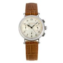 Patek Philippe Classic Working Chronograph Diamond Bezel with White Dial Brown Leather Strap