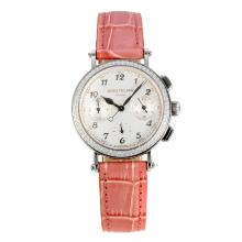 Patek Philippe Classic Working Chronograph Diamond Bezel with White Dial Pink Leather Strap