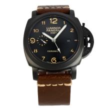 Panerai Luminor Working GMT Automatic PVD Case with Black Dial Coffee Leather Strap-1