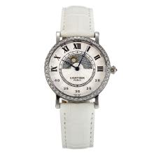 Cartier Rotonde Diamond Bezel with Beige Dial White Leather Strap-Sapphire Glass