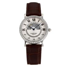 Cartier Rotonde Diamond Bezel with Beige Dial Brow Leather Strap-Sapphire Glass