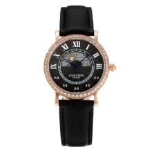 Cartier Rotonde Rose Gold Case Diamond Bezel with Black Dial Black Leather Strap-Sapphire Glass