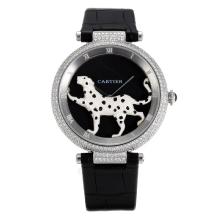 Cartier Panthere de Cartier Diamond Bezel with Black Dial Leather Strap