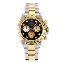 Rolex Daytona Asia Valjoux 7750 Movement Two Tone Number Bezel Diamond Markers with Black Dial Sapphire Glass