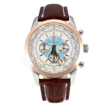 Breitling Transocean Working Chronograph Unitime Roe Gold Case with White Dial Brown Leather Strap
