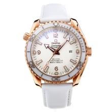 Omega Seamaster Automatic White Ceramic Bezel Rose Gold Case with White Dial Leather Strap
