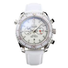 Omega Seamaster Working Chronograph White Ceramic Bezel with White Dial Leather Strap