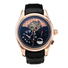 Montblanc Classic Rose Gold Case Automatic Working Power Reserve with Black Dial Leather Strap-18K Gold Plated Movement