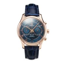 Omega De Ville Working Chronograph Rose Gold Case with Blue Dial Leather Strap-Sapphire Glass