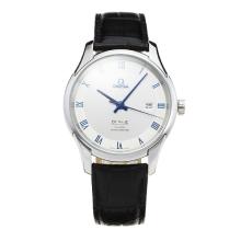 Omega De Ville with White Dial Leather Strap-Blue Marker