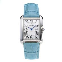 Cartier Tank with White Dial Light Blue Leather Strap