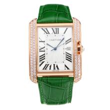 Cartier Tank Diamond Rose Gold Case with White Dial Green Leather Strap