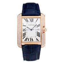 Cartier Tank Diamond Rose Gold Case with White Dial Blue Leather Strap
