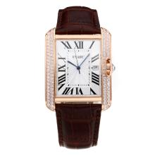 Cartier Tank Diamond Rose Gold Case with White Dial Coffee Leather Strap