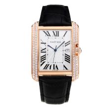 Cartier Tank Diamond Rose Gold Case with White Dial Black Leather Strap