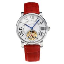 Cartier Rotonde de Cartier Automatic Tourbillion with White Dial Red Leather Strap-18K Gold Plated Movement