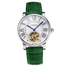Cartier Rotonde de Cartier Automatic Tourbillion with White Dial Green Leather Strap-18K Gold Plated Movement